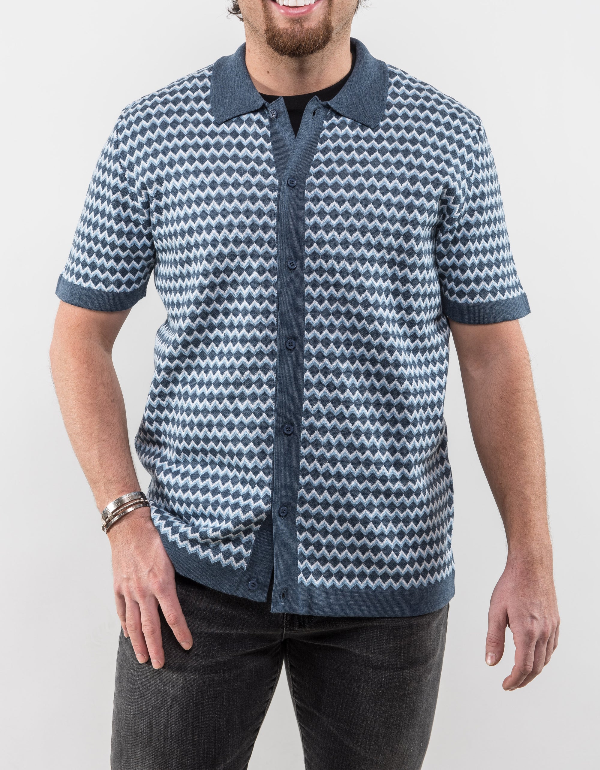 Retro Short Sleeve Sweater- Blue Diamond