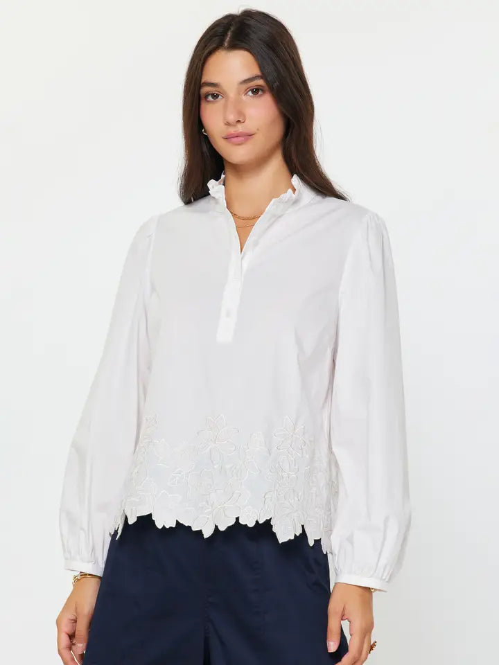 Embroidered Border Long Sleeve Blouse - White