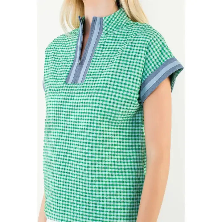 Short Sleeve Gingham Patterned Top - Green THML