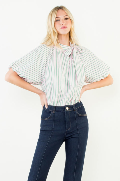 Puff Sleeve Vertical Stripes Top