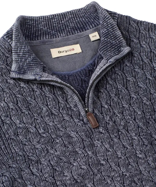 Quarter-Zip Mock Neck Cable Knit Sweater - Navy Borgo28