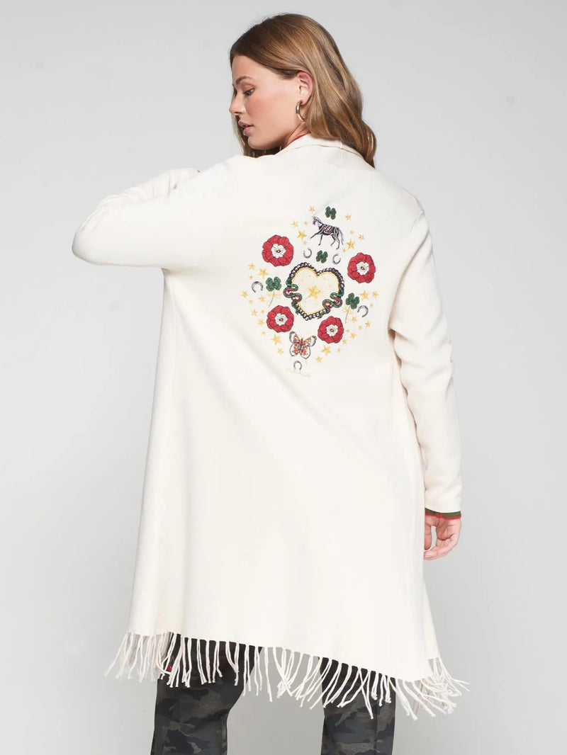 Knit Cardigan with Fringe & Print Embroidery Vilagallo