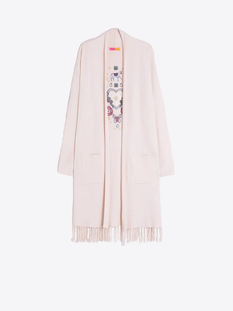 Knit Cardigan with Fringe & Print Embroidery Vilagallo