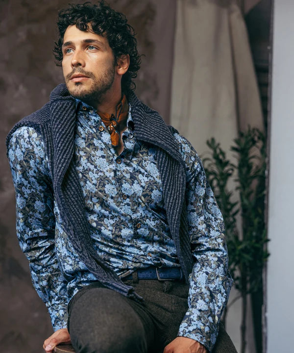 Shaded Floral Print Long-Sleeve Sport Shirt - Blue