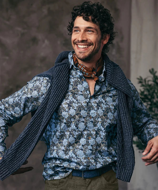 Shaded Floral Print Long-Sleeve Sport Shirt - Blue