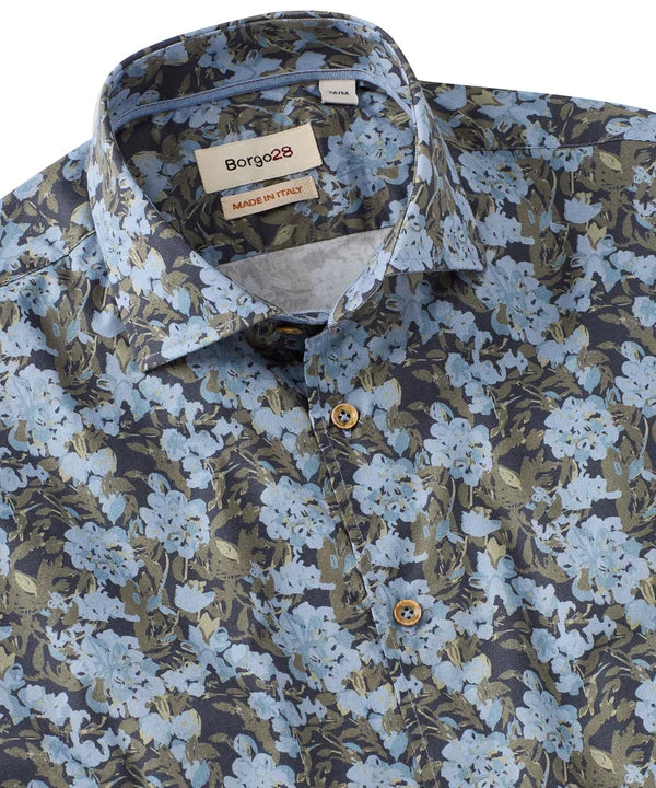 Shaded Floral Print Long-Sleeve Sport Shirt - Blue