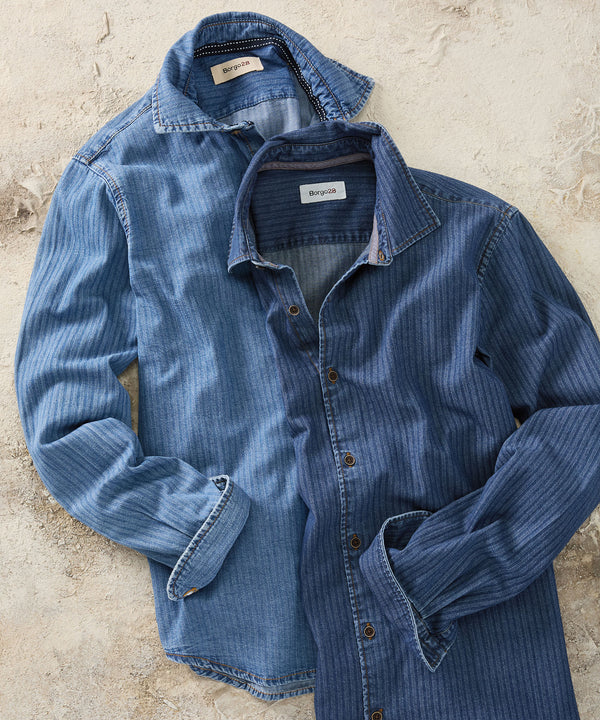 Denim Herringbone Sport Shirt - Washed Blue