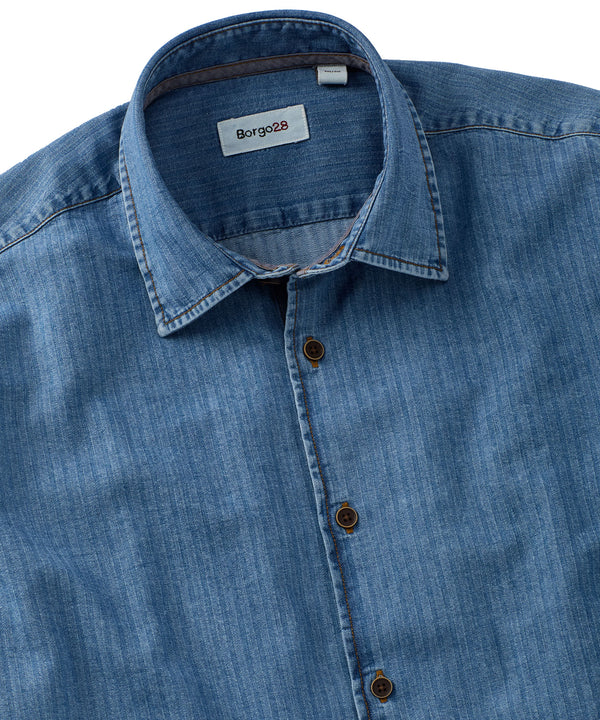 Denim Herringbone Sport Shirt - Washed Blue