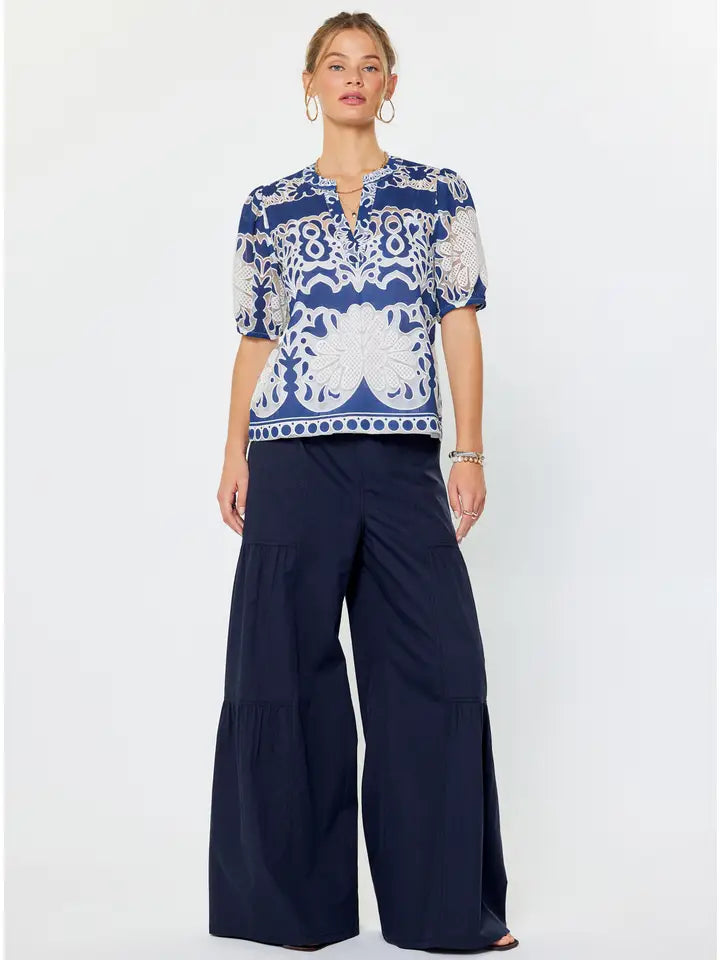 Embroidered Short Puff Sleeve Blouse