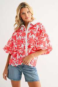 Jinny Eyelet Floral Top – Coral