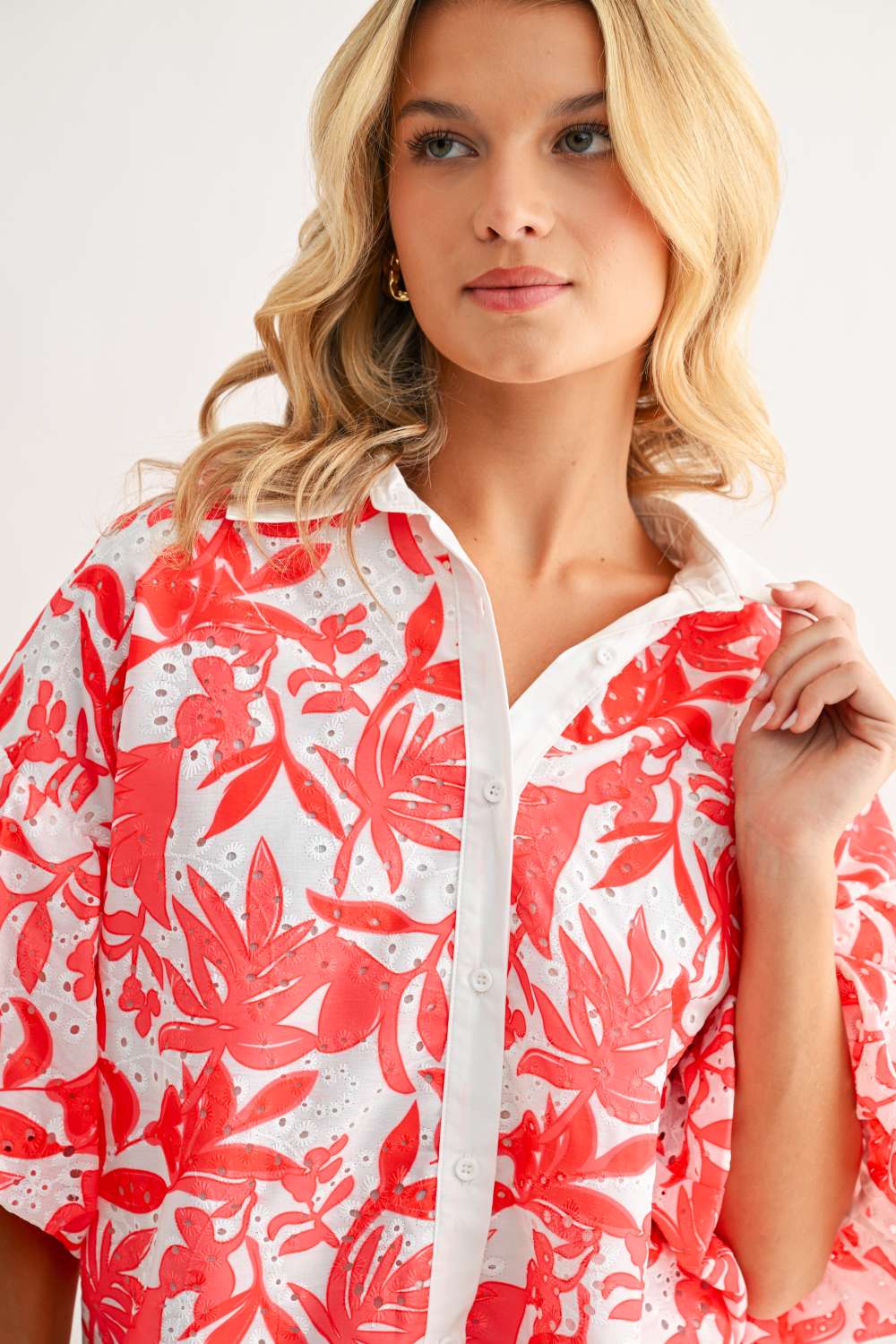 Jinny Eyelet Floral Top – Coral