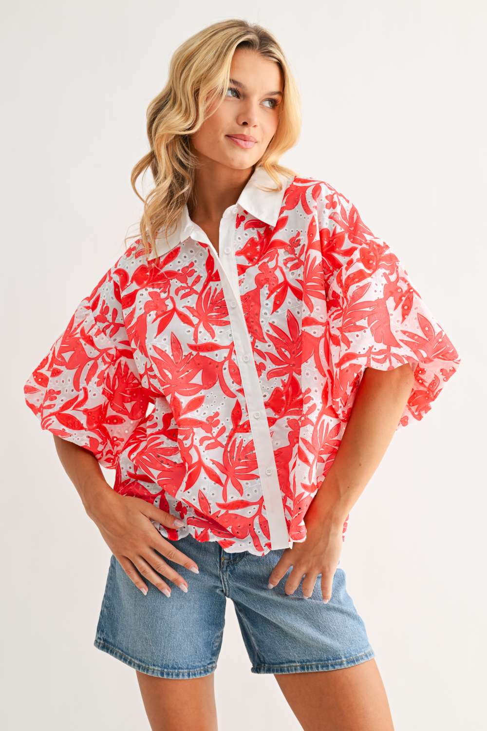 Jinny Eyelet Floral Top – Coral