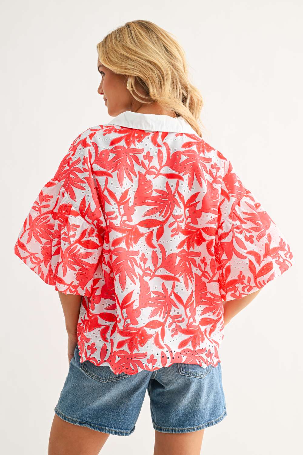 Jinny Eyelet Floral Top – Coral