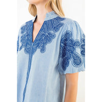 Embroidered Puff Sleeve Split Neck Top