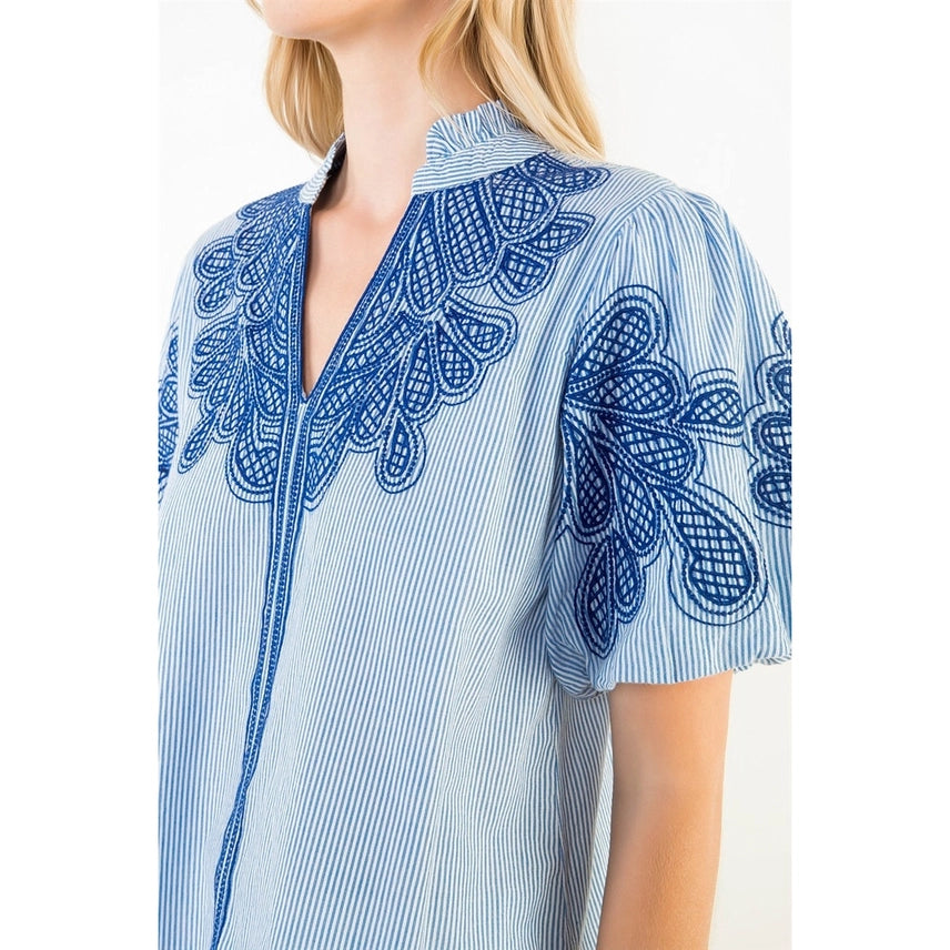 Embroidered Puff Sleeve Split Neck Top