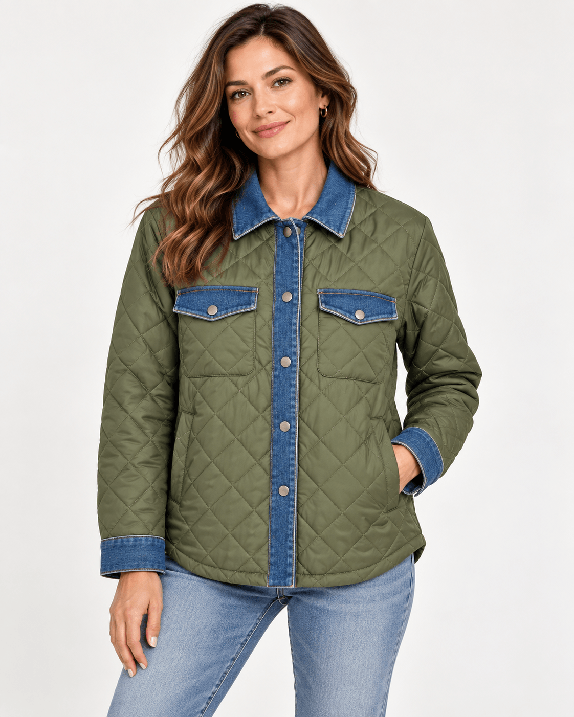 Quilted Denim Trim Jacket – Olive