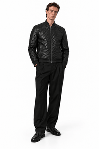 Black Woven Leather Bomber Jacket