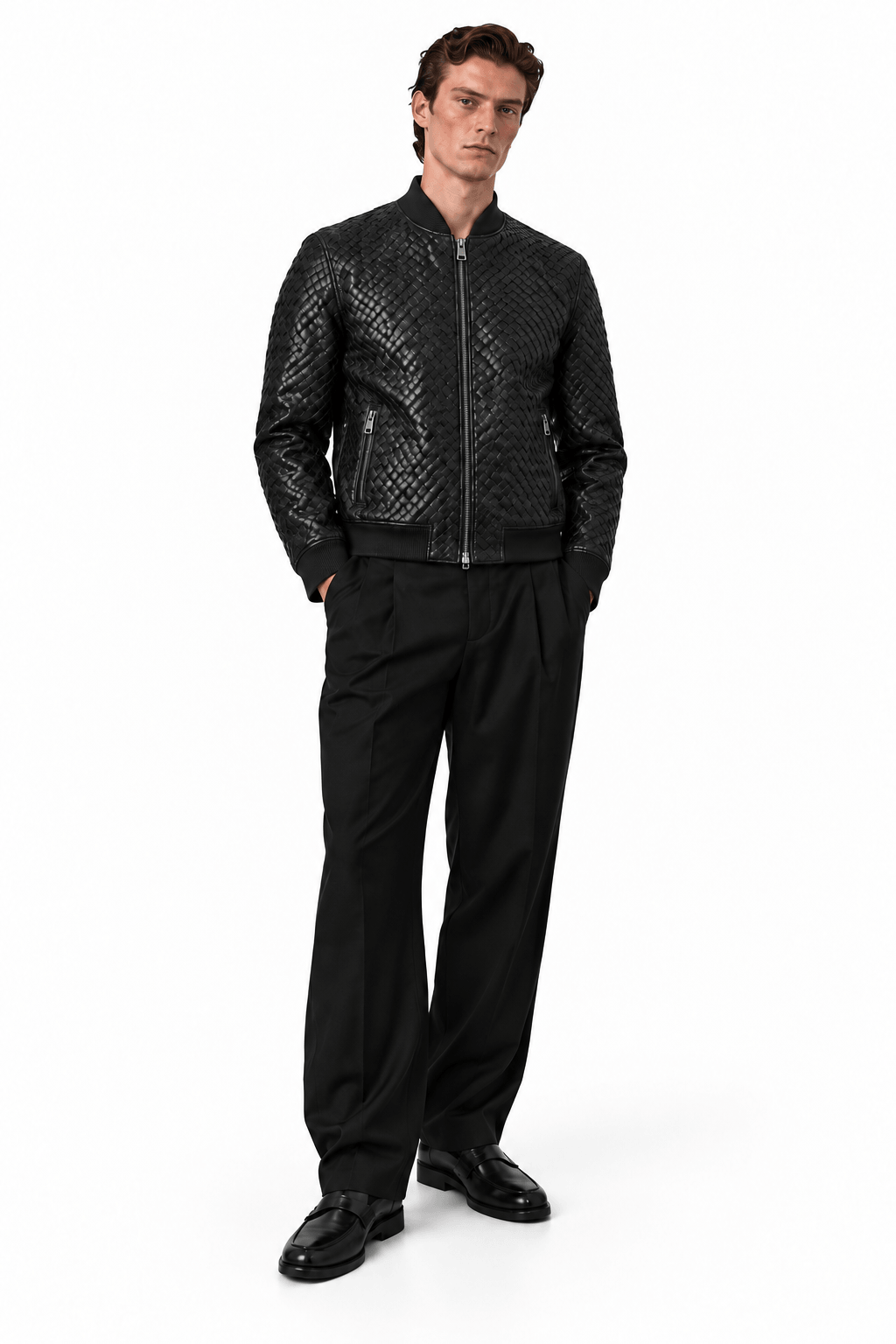 Black Woven Leather Bomber Jacket