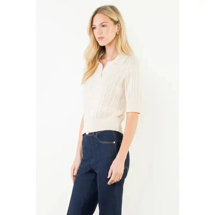 Short Sleeve Pointelle Polo Knit Top THML