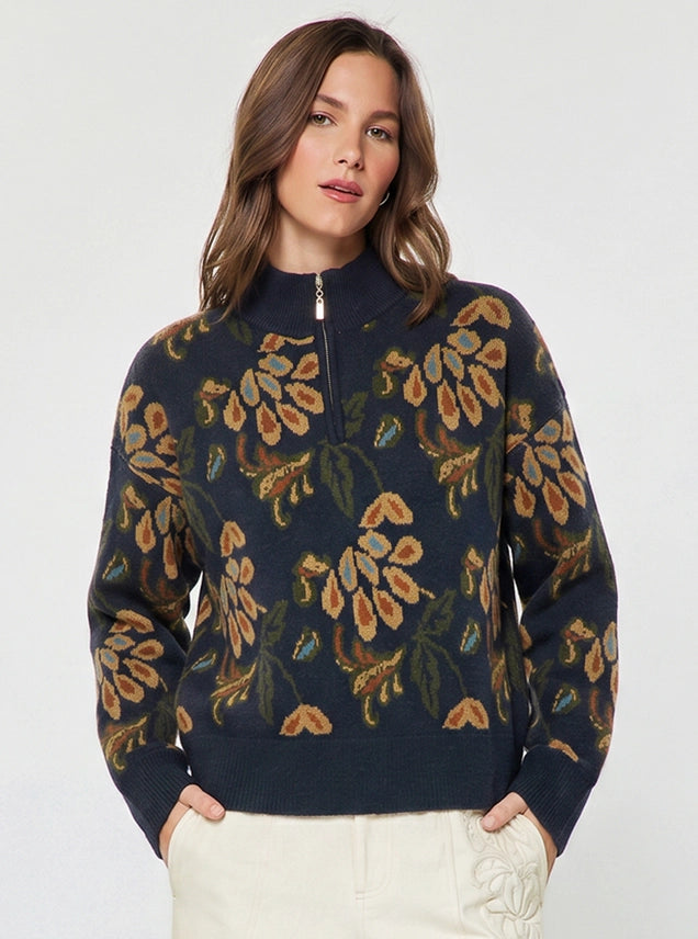 Pattern Jacquard Half Zip-Up Sweater