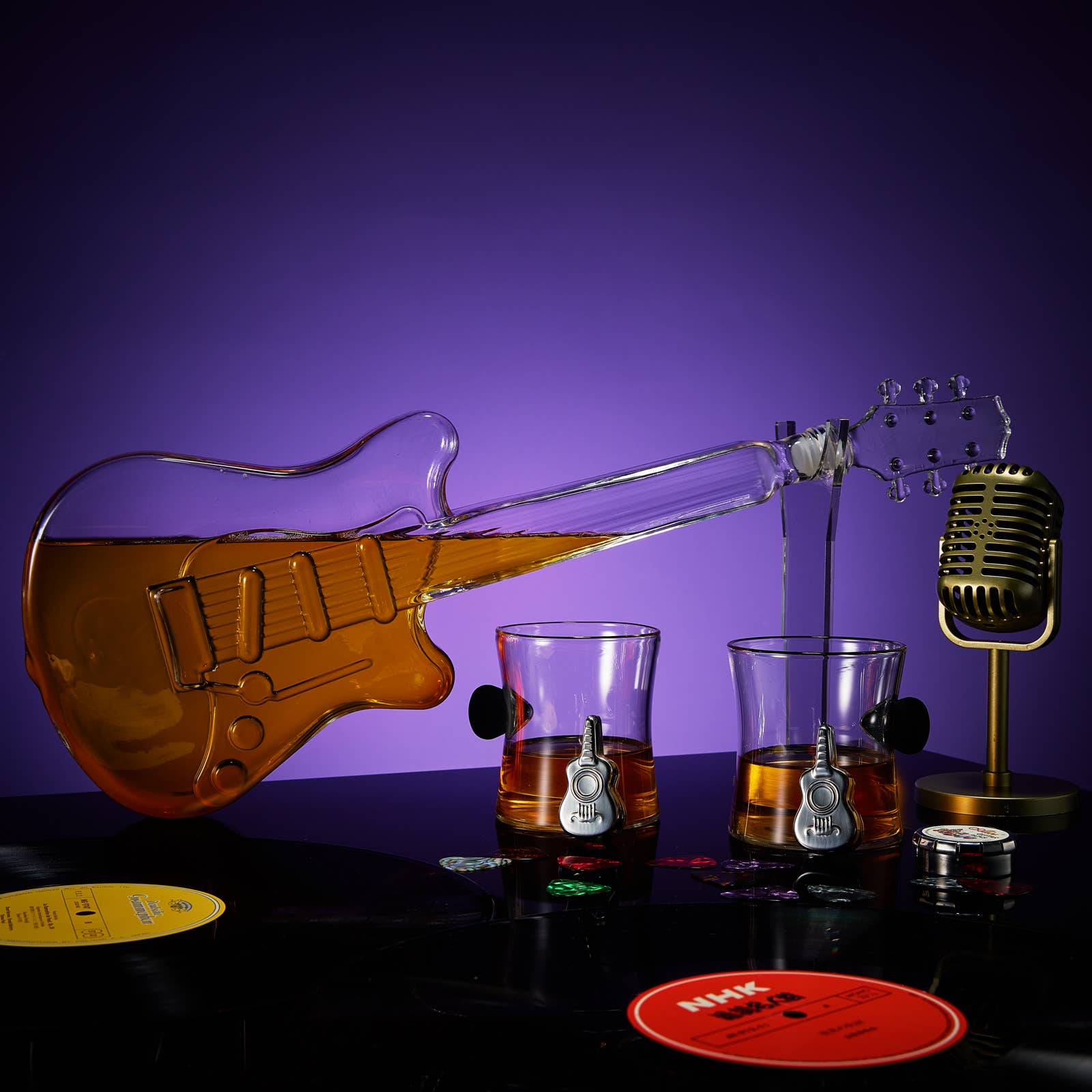 Electric Guitar  Decanter with 2 Pick Whiskey Glasses The Wine Savant / Khen Glassware