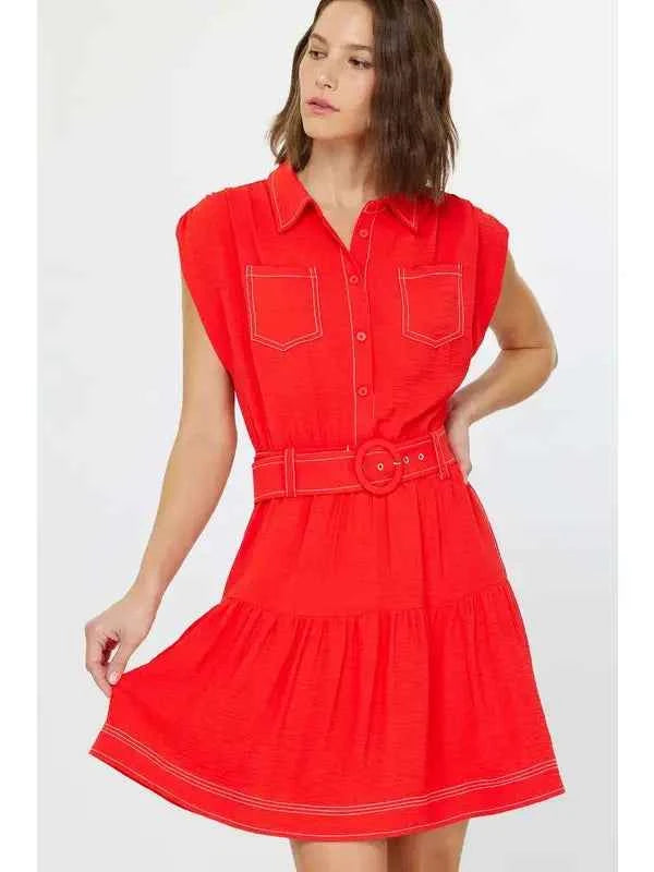 Cap Sleeve Shirts Collar Mini Dress W/Belt
