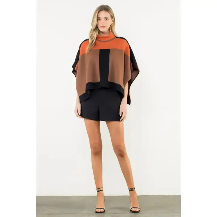 Colorblock Turtleneck Knit Poncho Joh Apparel
