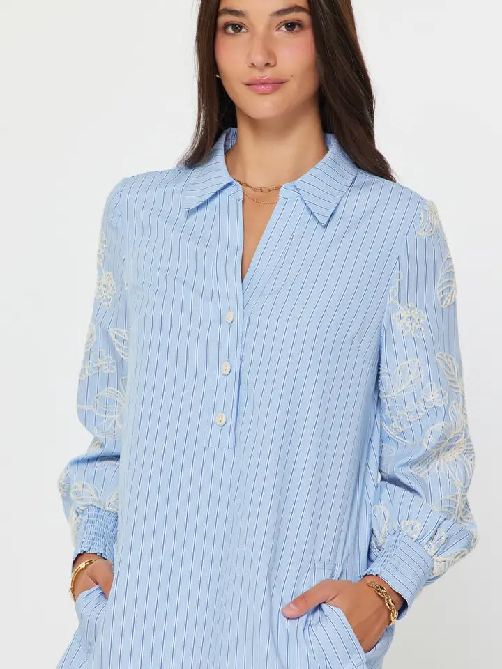 Embroidered Sleeve Striped Shift Dress