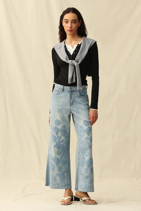 Embroidery & Rhinestone High Rise Denim