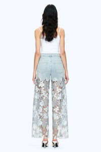 Embroidered Wide-Leg Lace Jeans With Rhinestone