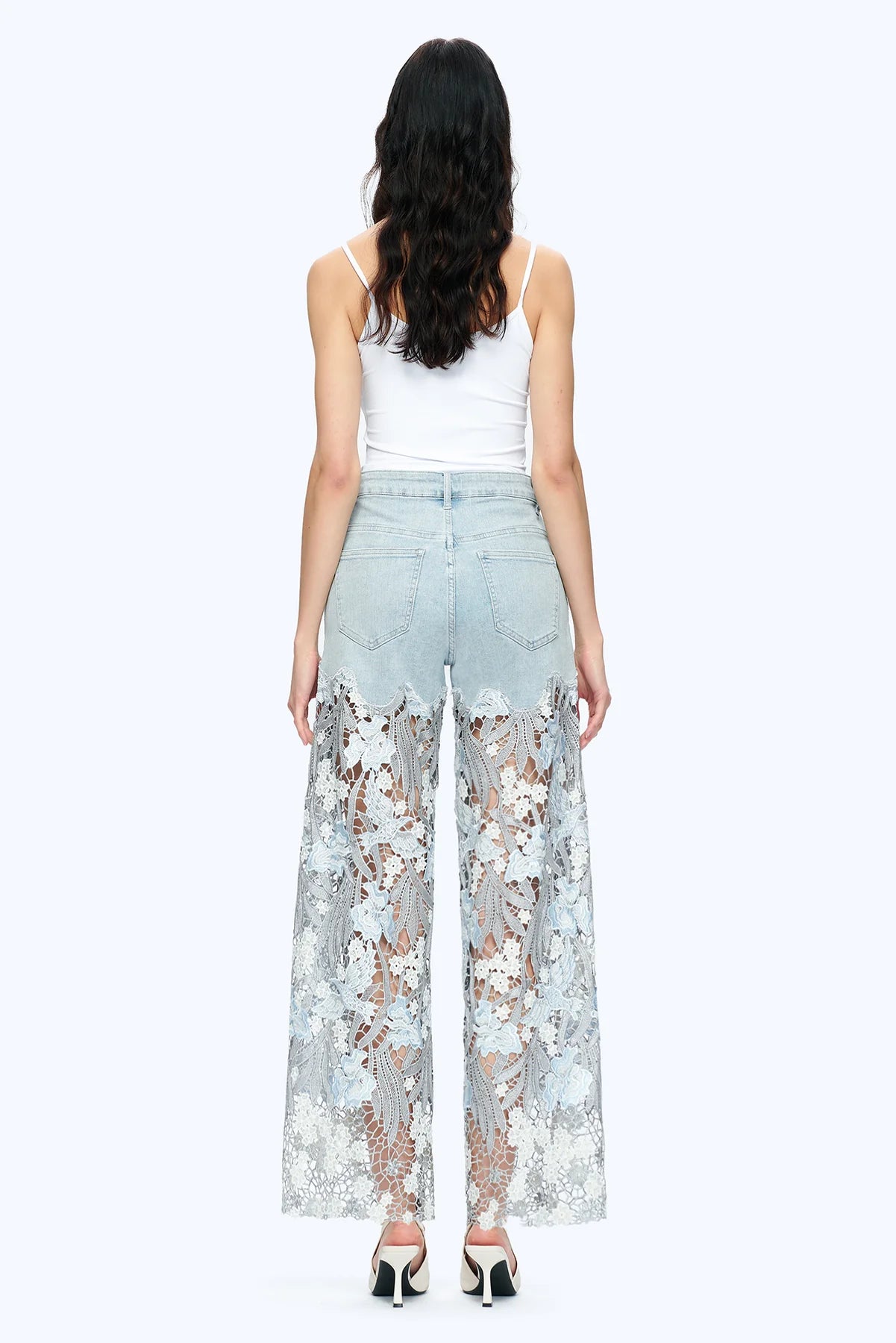 Embroidered Wide-Leg Lace Jeans With Rhinestone