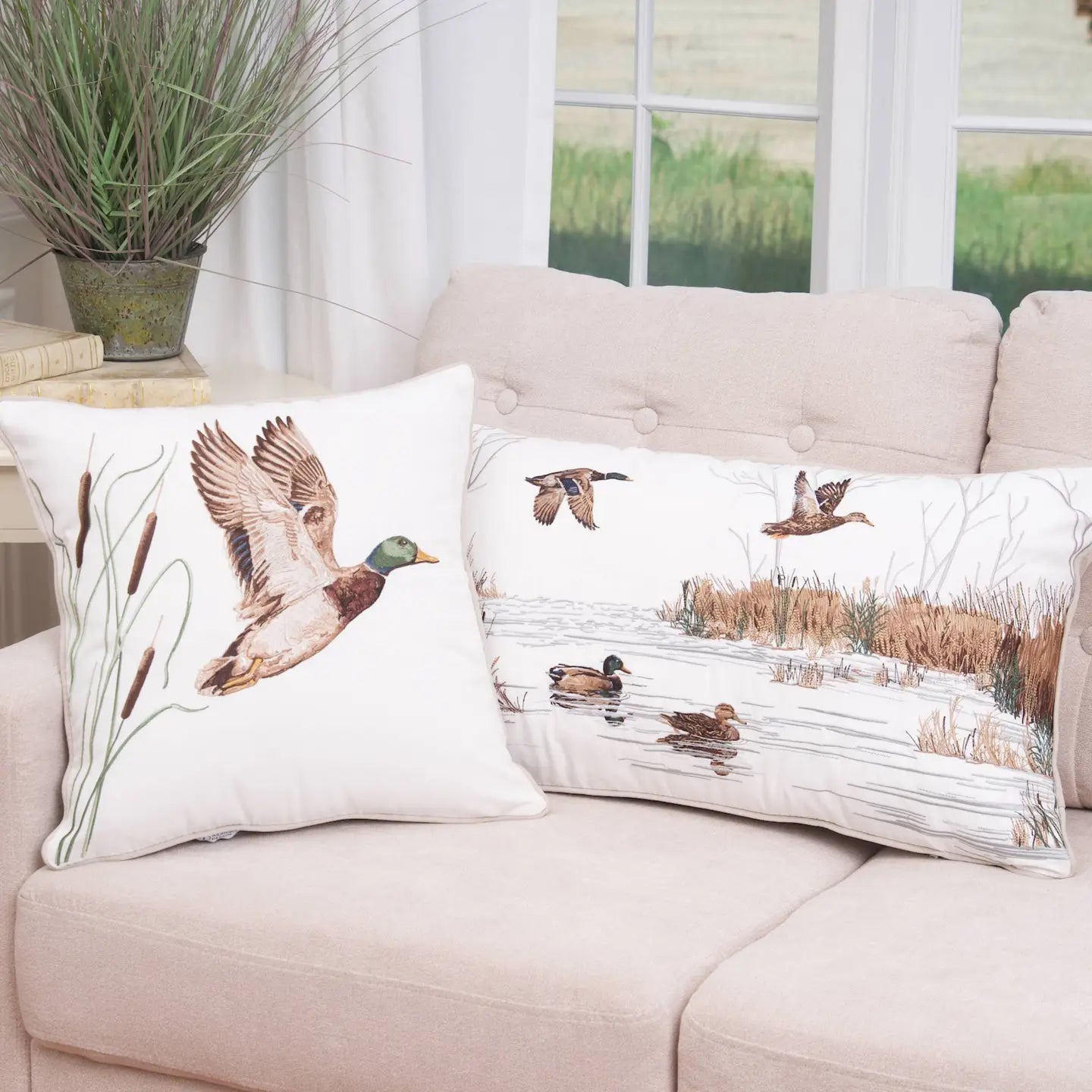 In Flight Mallard & Cattails Indoor/Outdoor Throw Pillow