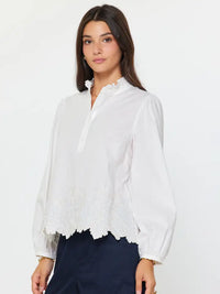 Embroidered Border Long Sleeve Blouse - White