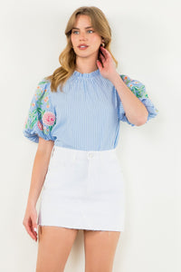 Embroidered Puff Sleeve Striped Top