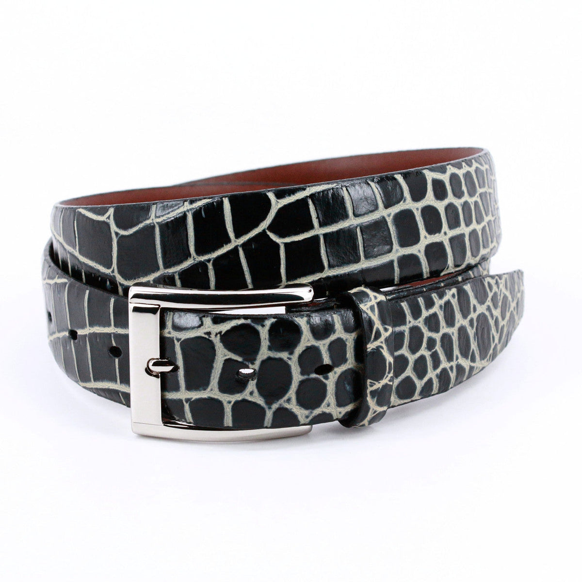 Faux Crocodile Embossed Calfskin Belt - Black / Beige Torino