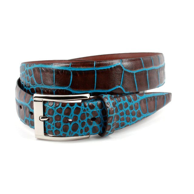 Embossed Crocodile Belt - Chocolate / Sky