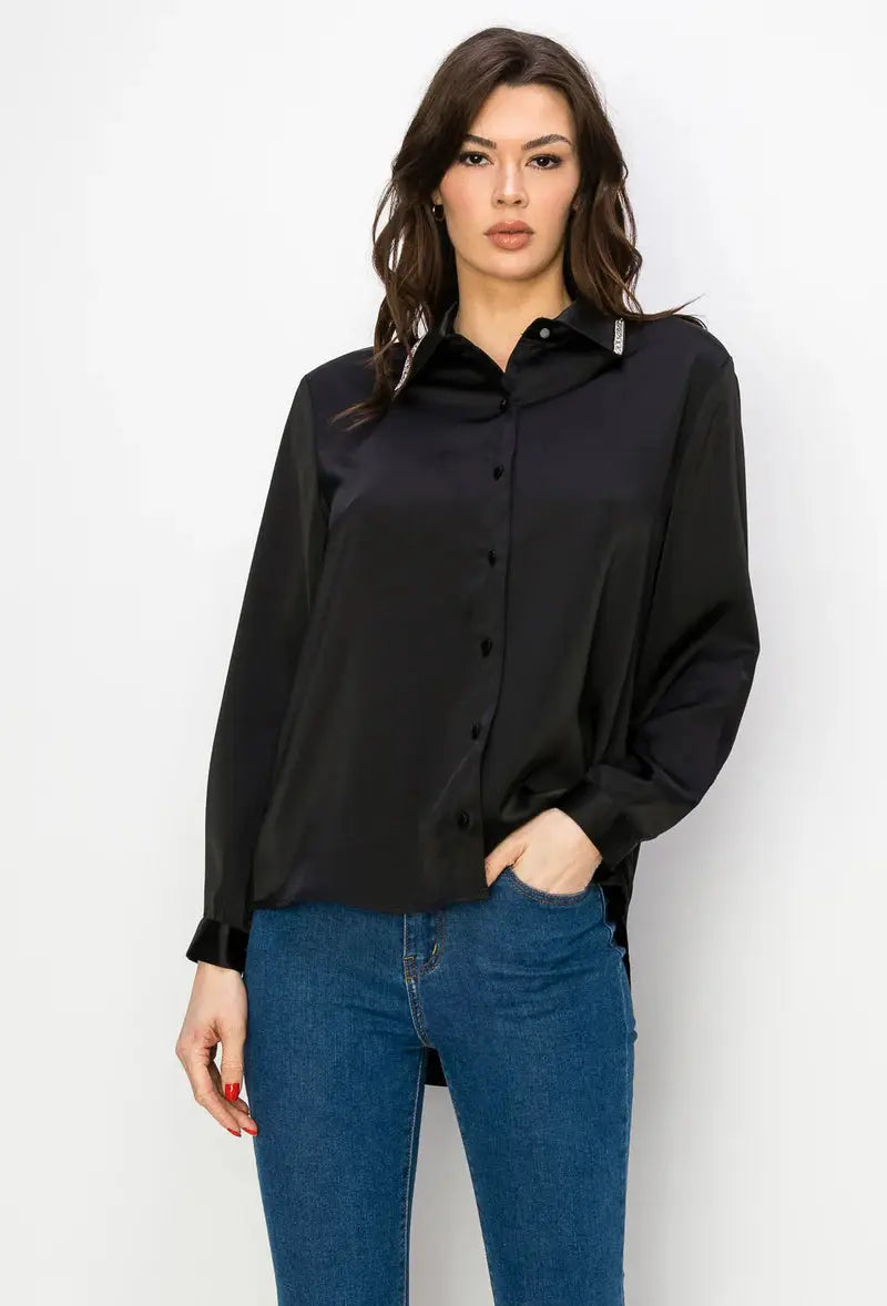 Wileene Satin Shirt with Diamond Trim Joh Apparel