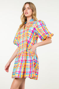 Puff Sleeve Multi Color Gingham Dress