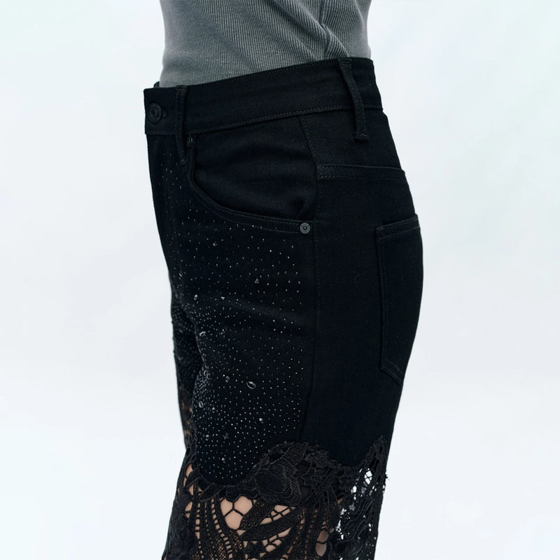 High Rise Wide Leg Jeans with Lace Spliced
