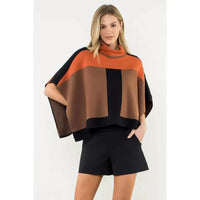 Colorblock Turtleneck Knit Poncho Joh Apparel
