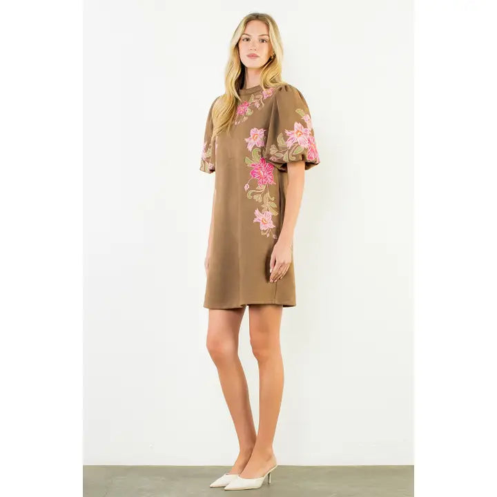 Suede Floral Embroidered Dress