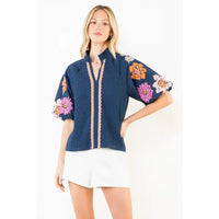 Floral Embroidery Puff Sleeve Textured Top