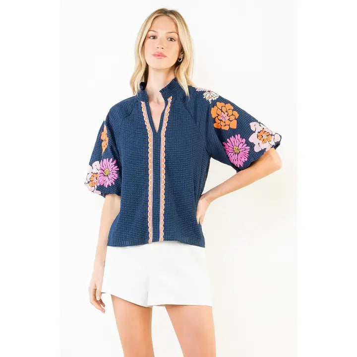 Floral Embroidery Puff Sleeve Textured Top