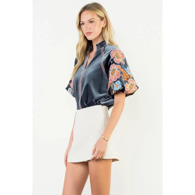 Floral Embroiderey Puff Sleeve Velvet Top THML