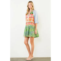 Multi-Patterned V-Neck Dress