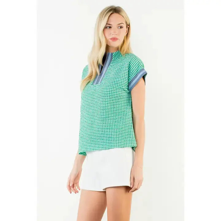 Short Sleeve Gingham Patterned Top - Green THML