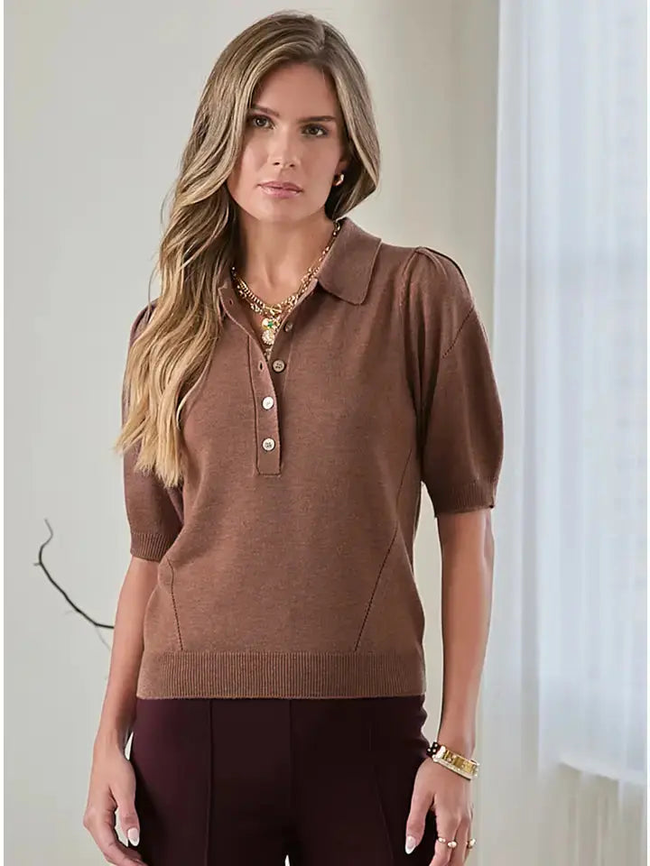 Brown short-sleeve ribbed polo knit top with pointelle stitch and puff shoulders