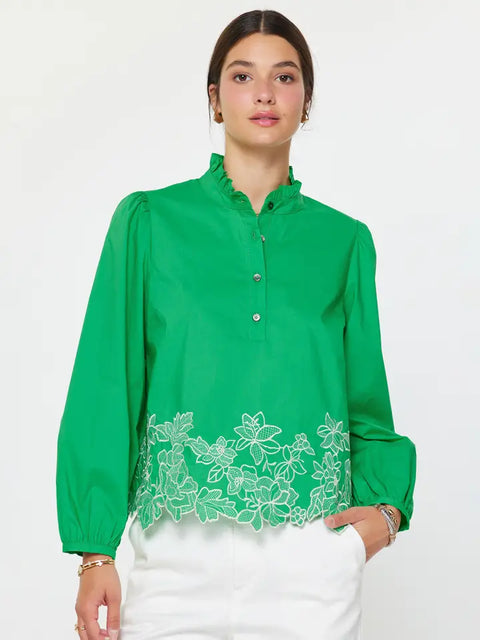 Embroidered Border Long Sleeve Blouse - Spring Green
