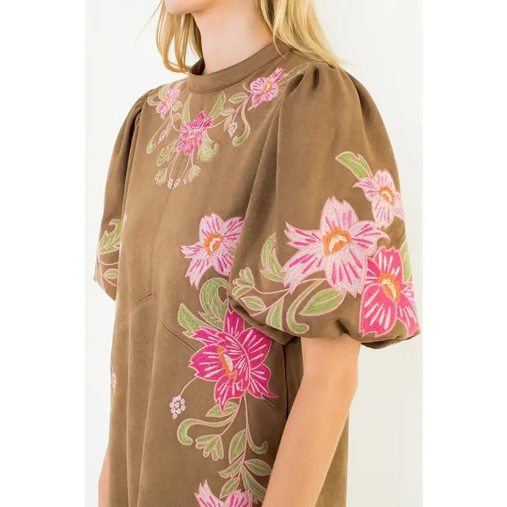 Suede Floral Embroidered Dress