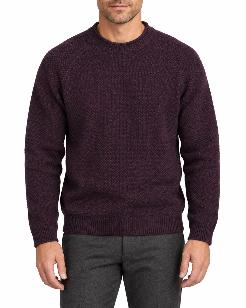 Male model wearing the Grayers Crow’s Foot Rollneck Sweater in Dark Raisin with charcoal trousers